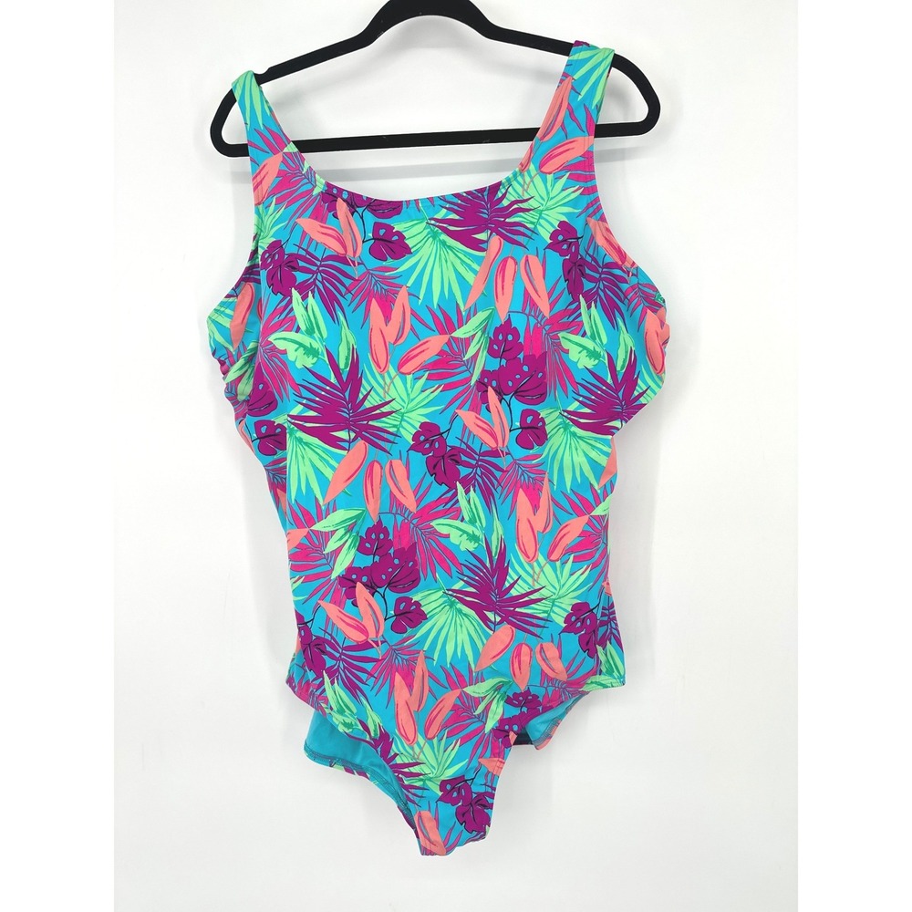 Lands' End Swimsuit Women 24W Blue Tropical Floral One Piece Scoop Neck Swim